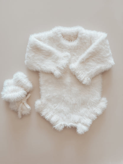 Nephele Faux Fur Frill Romper | Milk White