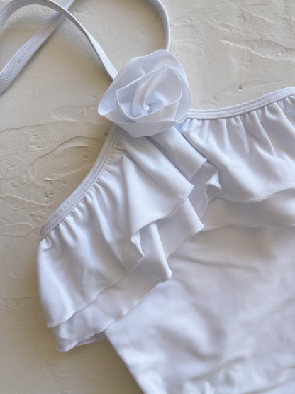 Ruffle Halter Swimsuit | White Posy Applique
