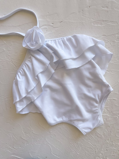 Ruffle Halter Swimsuit | White Posy Applique