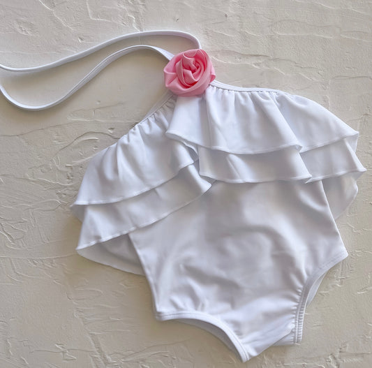 Ruffle Halter Swimsuit | Pink Posy Applique