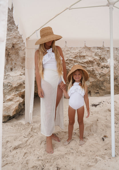 Women’s Ruffle Halter Swimsuit | White Posy Applique