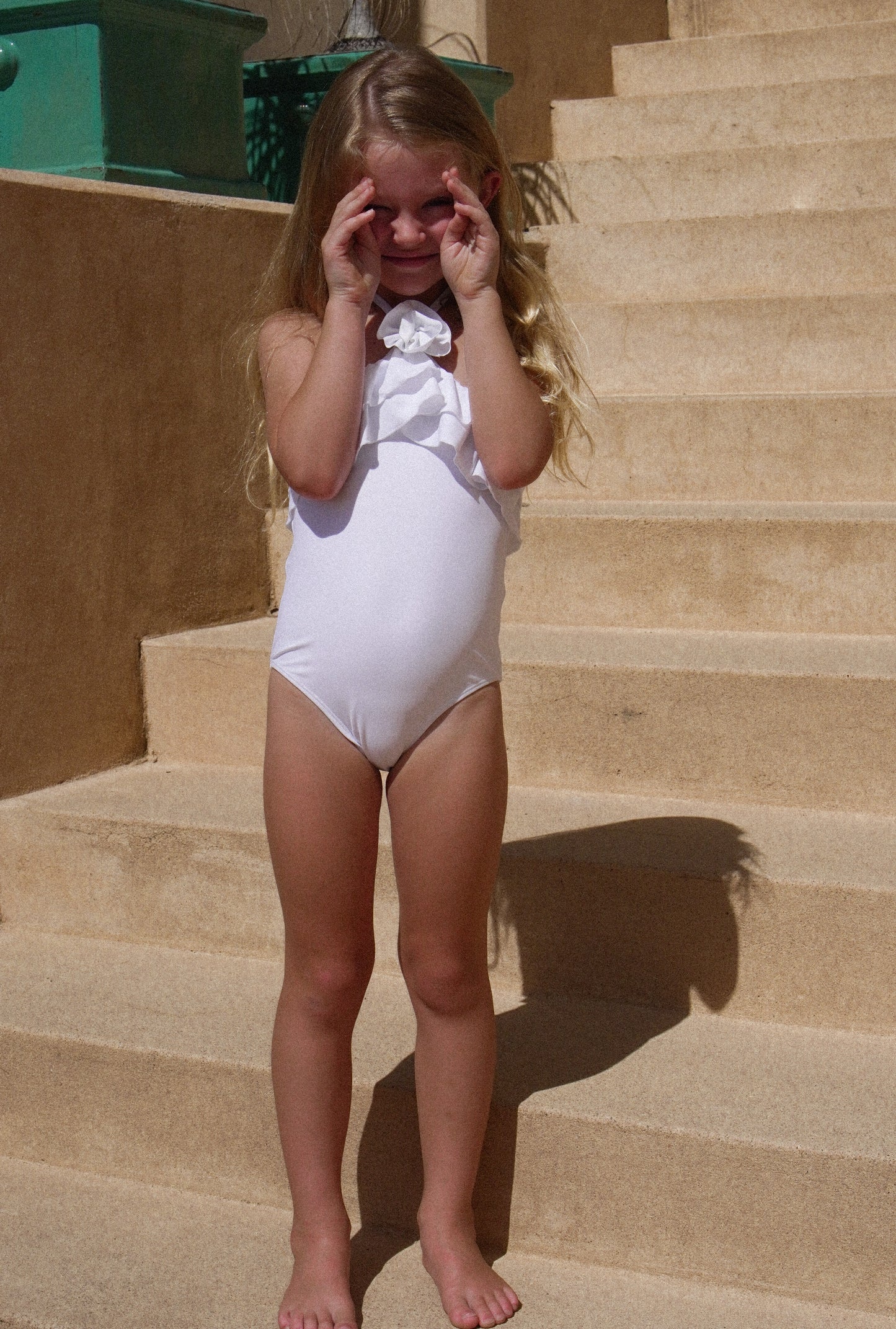 Ruffle Halter Swimsuit | White Posy Applique