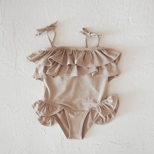 Girls Ruffle Swimsuit | Taupe